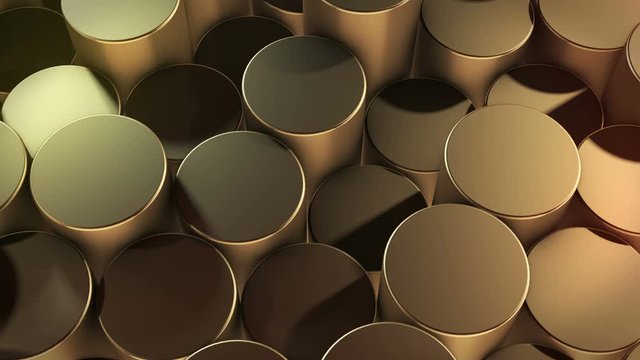 Abstract cylindrical geometric golden surfaces in virtual space. Randomly placed geometric shapes. Bright and beautiful background made of cylinders
