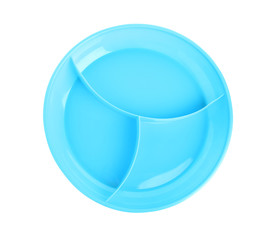 Light blue plastic baby plate with sections isolated on white, top view. First food