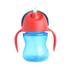 Bright plastic feeding cup isolated on white. Baby food