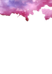 watercolor abstract blot shape in upper part isolated on white background. Illustration in pink and purple colors
