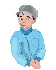 Young boy in white shirt posing. Black hair. Drawing