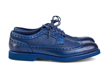 Men's classic blue soft leather shoes with perforated laces. Side view.