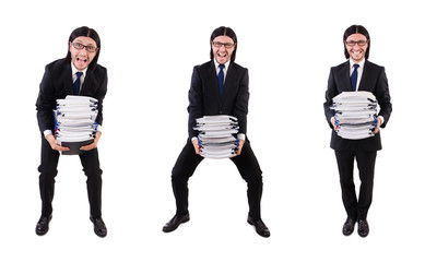 Obraz premium Funny man with lots of papers on white