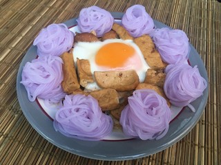 Purple Rice Noodles with Tofu Fried sauce and egg fried