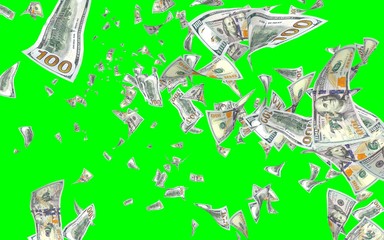 Flying dollars banknotes isolated on chromakey. Money is flying in the air. 100 US banknotes new sample. 3D illustration
