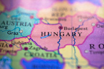 Geographical map location of country Hungary in Europe continent on atlas