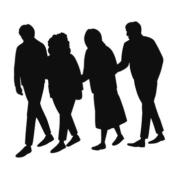 Vector illustration of black silhouette old people walking isolated on white background