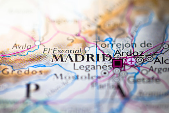 Geographical map location of Madrid city in Spain Europe continent on atlas