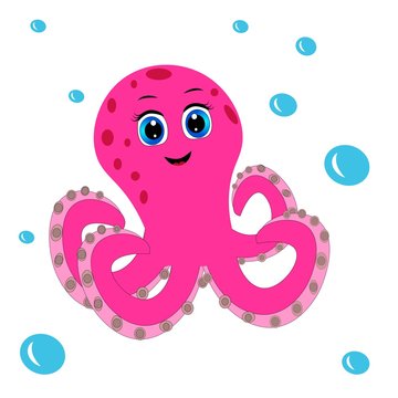 pink octopus cartoon character. Cute octopus illustration, sea life vector