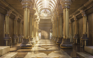 A hyper-realistic fantasy 3D interior of a temple. Majestic pillars, arches, vitreous  and dreamy atmosphere follows this image.  Luxurious golden details and cinematic view.  