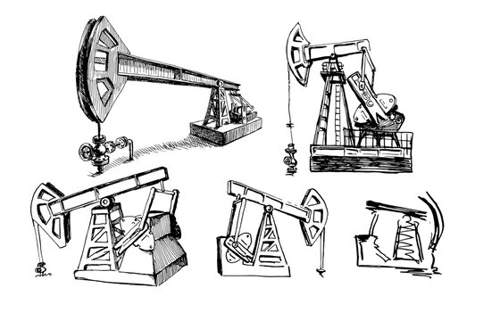 pumpin jack. oil industry. set hand drawn ink sketch