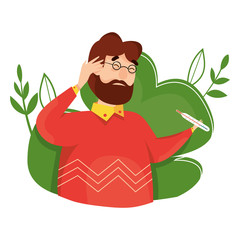 High temperature vector illustration. Symptoms of the disease and sick. Temperature, cough, runny nose. Epidemic. Pandemic. Coronavirus. Quarantine. Virus attack. With drug, pills and medical stuff.