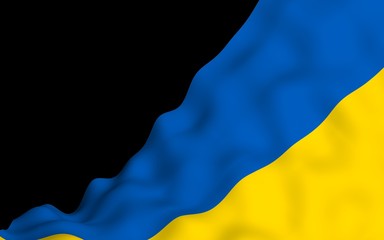 The flag of Ukraine on a dark background. National flag and state ensign. Blue and yellow bicolour. 3D illustration waving flag