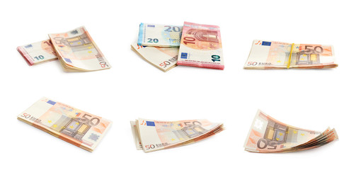 Set of money on white background, banner design. Currency exchange