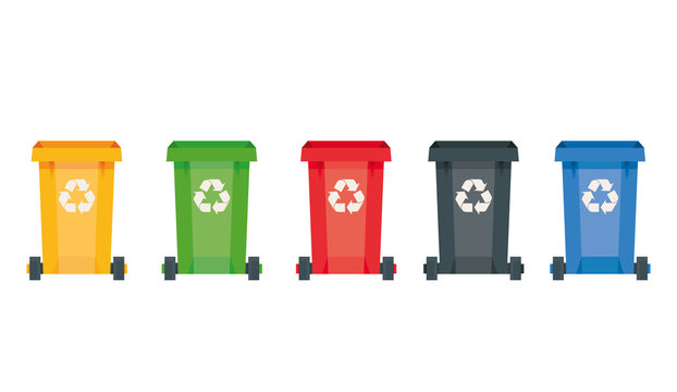 Modern vector illustration of colored rubbish containers for separate sorting of garbage. Bin for recycling different types of waste