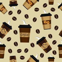 set of plastic coffee cups with different patterns in a flat style on a beige background