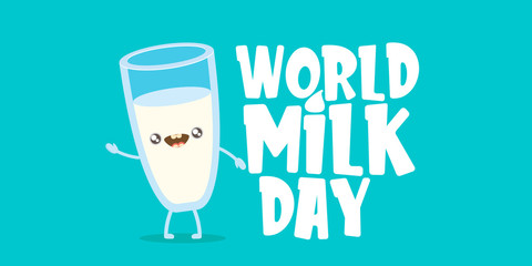 World milk day greeting horizontal banner with funny cartoon cute smiling milk glass character isolated on azure background. Happy milk day concept illustration with Kids kawaii food funky character.