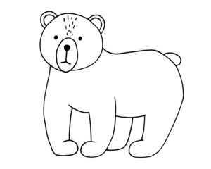 Cute doodle scandinavian bear. Hand drawn vector illustration. Funny, cute, hugge, hand drawn animal for poster, banner, print, decoration kids playroom or greeting card.