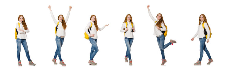 Fototapeta premium Woman with backpack isolated on white