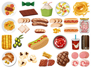 Large set of food and desserts on white background