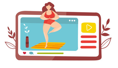 Vector of yoga course. Yoga class at home. Online lesson with teacher. Yoga lesson in mobile app. Quarantine epidemic. Working at home. Stretching and fitness exercises. Live streaming. Broadcast.