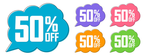 Set Sale 50% off speech bubble banners, discount tags design template, app icons, vector illustration