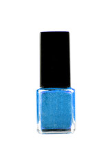 blue nail polish bottle on white background