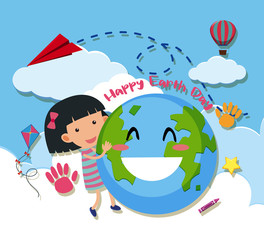 Poster design for happy earth day with happy girl hugging the earth