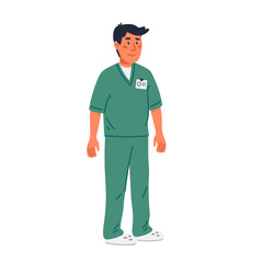 Nurse. Male nurseor ward assistant in green scrubs. Medical team in conditions of coronavirus pandemic, fight against covid-19. Flat style vector illustration on white background.