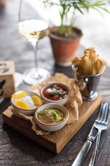Roasted Aubergine Dip, Tomato Basil Sauce and Cream Cheese with Fruit. Assorted Appetizers and Wine