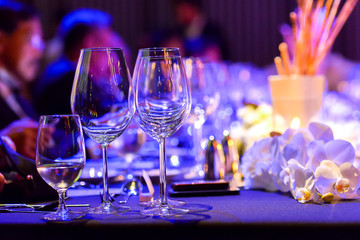 Empty glasses set on fine dining restaurant in vivid color