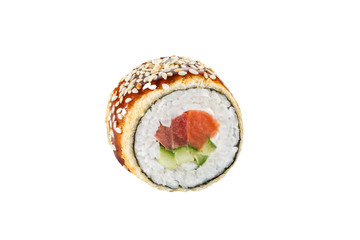 sushi roll isolated on white background japanese traditional cuisine one piece ginger eel shrimp salmon tuna caviar