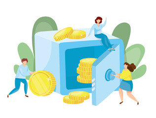 Banking deposit vector illustration. Money Savings concept. Bank safe with coins inside. Cash protection. Finance saving banner. Money investment. Bank cell vector illustration.