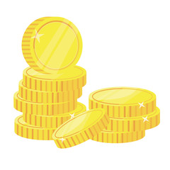 Coins money vector illustration. Pile of stacked gold coins. Isolated on white background.