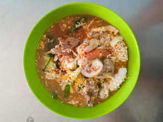 Top view of hot and sour suki yaki spicy soup