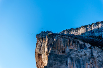 A close-up picturesque landscape view of a cliff peak and hawks flying around it in the valley of the Canelles river in the natural park of Congost de Mont-rebei (Spain)