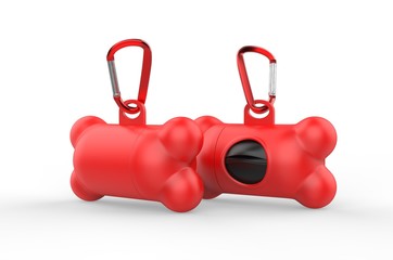 Blank Promotional Dog Waste Disposable Bags Bone Shaped Plastic Dispenser with carabiner. 3d render illustration.