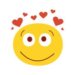 Smiling in love emoji vector illustration. Isolated on white background. Happy emotion face. Cute smiling face with hearts.