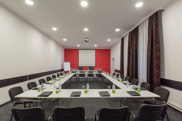 Interior of a small conference room in a hotel