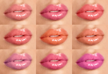 Young woman with different color lipsticks, collage - obrazy, fototapety, plakaty