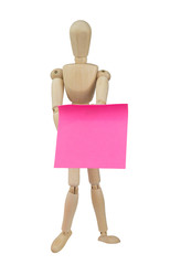 Wooden mannequin with blank note paper sticker isolated on white background