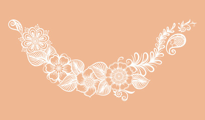 Eastern ethnic style compositions, mehendi, traditional indian white henna floral ornament. Element for design. Vector illustration.