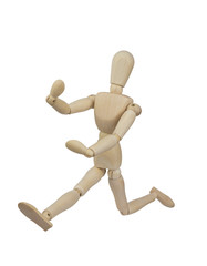 Running wooden mannequin isolated on white background