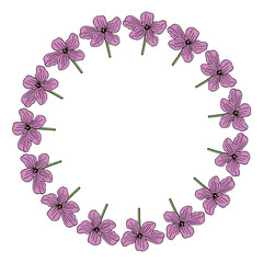 Fototapeta na wymiar Round frame with purple flowers on white background. Vector image.