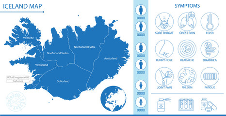 Iceland map with pictograms and icons of symptoms, Covid-19 and other respiratory diseases, vector illustration for infographics and posters