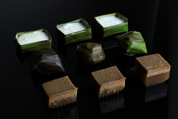 Malaysian food. chocolate jelly, kuih koci, and kuih tepung pelita.