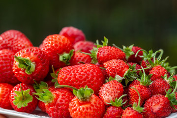 Ripe raspberries, strawberries and wild strawberries on a plate