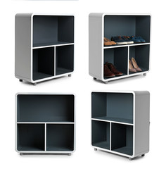 Collage of shelving units on white background