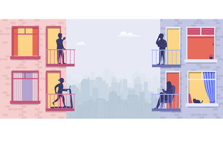 Residential building with people on open window terraces. Neighbors talk on phone, play sports, relax, drink coffee. Surroundings of apartments with city views