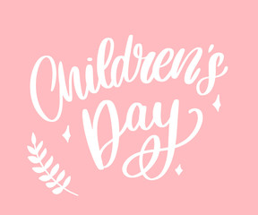 happy children's day, cute vector greeting card with funny letters in scandinavian style and cartoon landscape